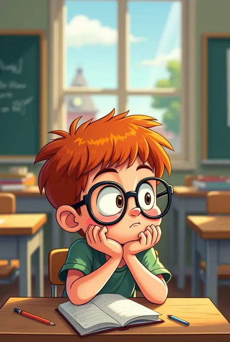 Cartoon about a boy wearing ,  with reddish hair ,  glasses at school lying at his desk looking out the window