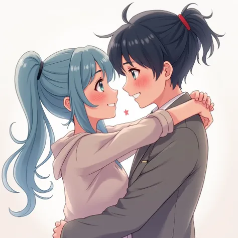  blush, boy dark hair ,  ponytail,  top quality, accurate,  High Definition Model,  girl light blue hair,  smiles,  eyes sparkle,  soft light ,  anime style,  light contrast 、 hugging each other、Gazing at each other、