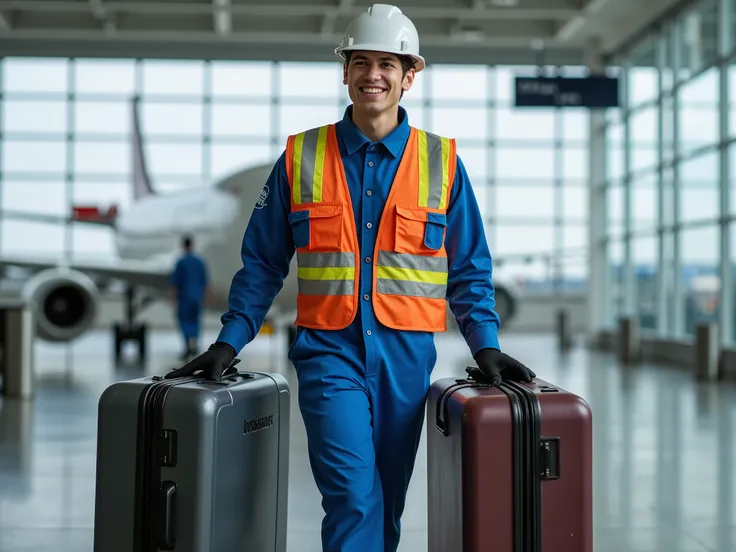 homem happy de 25 anos,  carrying suitcases , working, happy, heavy work, heavy suitcases ,  blue uniform, safety helmet, safety vest , airplane background, airport
