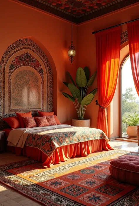 Created a warm Moroccan mosaic themed bedroom image