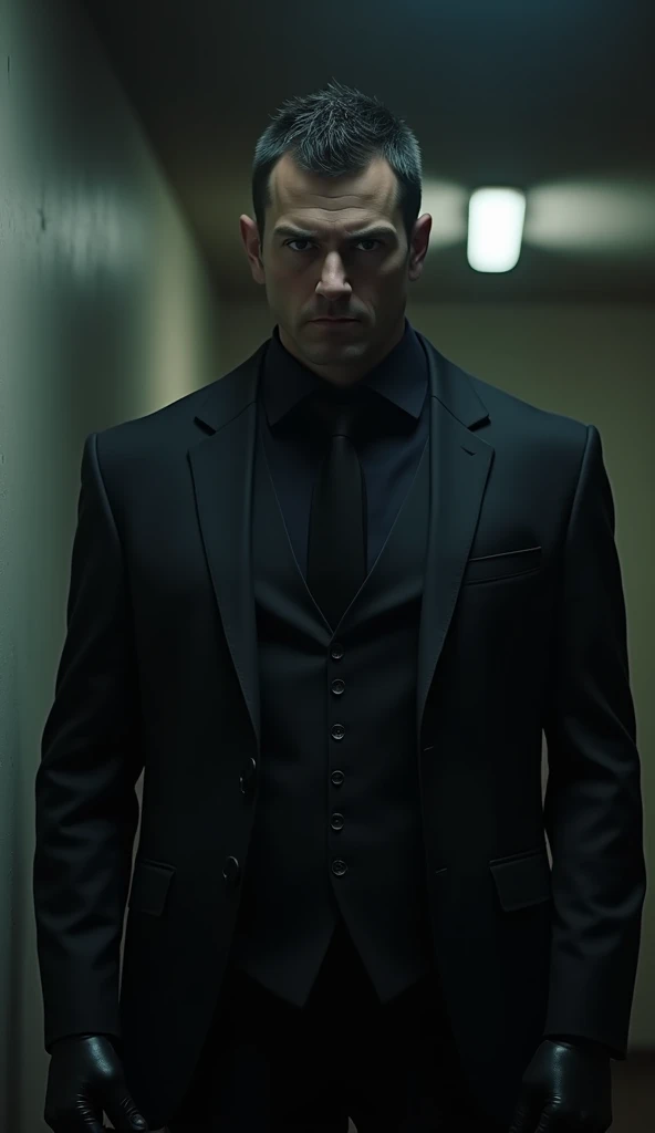 A Very Clear 4K Ultra HD Dynamic Image Of "A dark, ominous scene with a professional hitman, wearing a sharp black suit, black gloves, and a cold expression, being assigned a task to kill a young boy. The hitman has short, dark hair, a stubble, and a serio...