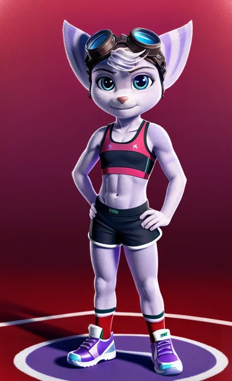 Rivet, tail, furry girl, 1girl, solo, young, full body picture, (blue soccer shorts), (purple soccer sports bra), (red soccer shoes), chrismas background, standing, detailed body fur, detailed body, detailed eyes, detailed face, athletic, skinny, high qual...