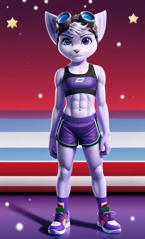 Rivet, tail, furry girl, 1girl, solo, young, full body picture, (blue soccer shorts), (purple soccer sports bra), (red soccer shoes), chrismas background, standing, detailed body fur, detailed body, detailed eyes, detailed face, athletic, skinny, high qual...