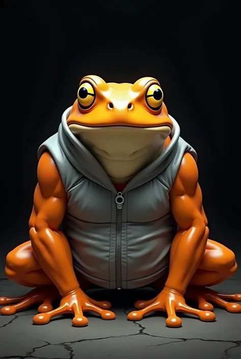 A yellow-eyed orange giant frog in a silver-colored vest sits looking at people, referring to the anime Naruto story. Black background