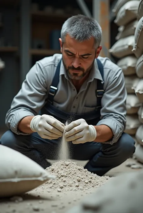 a quality engineer checking cement powder from cement bag. he is rubbing the cement between his fingers