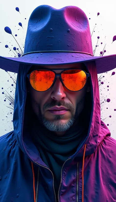 a detailed portrait of a mysterious man wearing a purple hat with intricate abstract patterns, reflective orange sunglasses with neon-like glow, surrounded by dynamic splashes of wet paint and dripping strokes, combining cyberpunk aesthetic with oil-paint ...