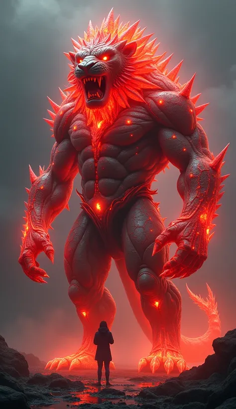 "Design a terrifying hybrid creature that fuses the deadly strength of a lion, the towering height of a giraffe, and the fiery brilliance of a red diamond. Its body is a massive, muscular frame covered in shimmering red diamond-like scales that reflect a m...