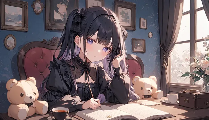 "A anime-style illustration of a Jirai-kei (地雷系) girl with long black hair, wearing gothic-style clothing in pastel and dark tones, sitting in a cozy room. She has a melancholic but cute expression, surrounded by plush toys and accessories like chokers and...