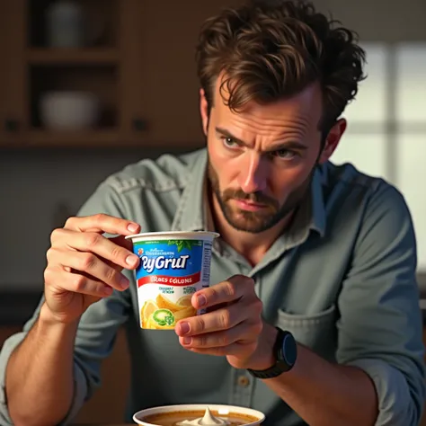 a man holds uo a yogurt cup pointing out details on the packaging