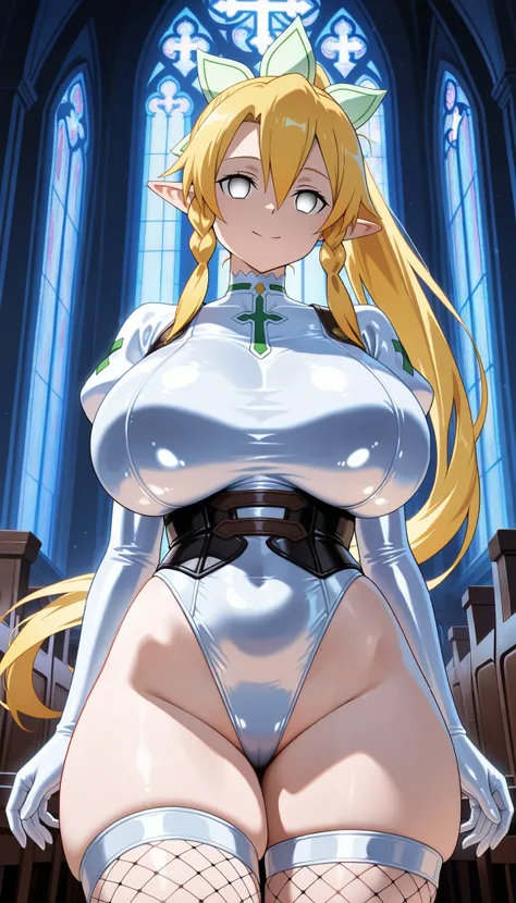 1girl, Leafa(Sword Art Online), thick thighs, underbust, thighhighs,((white eyes)),huge breasts,((empty eyes)), smile, closed mouth,stand up, ((white latex leotard)),Fishnet stockings,(two breast),no pubic hair,( dark church, night church),AissistXLv2, mas...