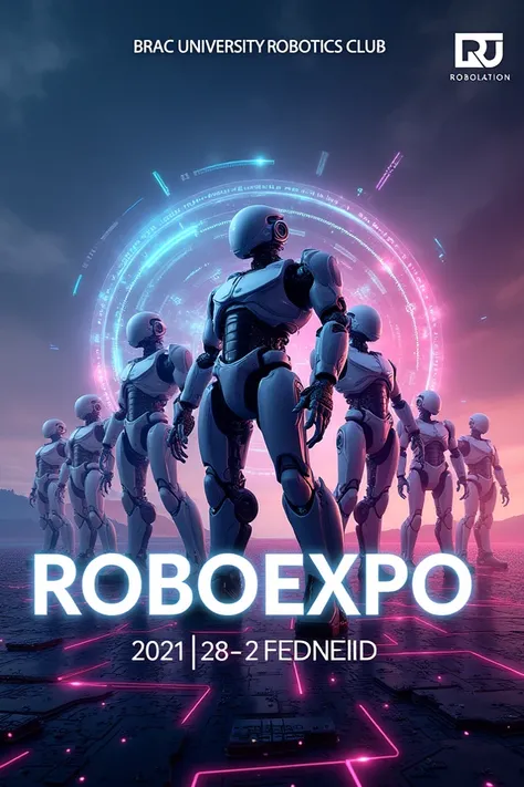 Suppose a robotics competition titled "RoboExpo", organized by the Robotics Club of Brac University is about to take place soon. Now you need to design an event cover (1920 × 1005 pixels) which theme will be related to robotics and includes relevant elemen...