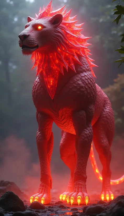 "Design a terrifying hybrid creature that fuses the deadly strength of a lion, the towering height of a giraffe, and the fiery brilliance of a red diamond. Its body is a massive, muscular frame covered in shimmering red diamond-like scales that reflect a m...