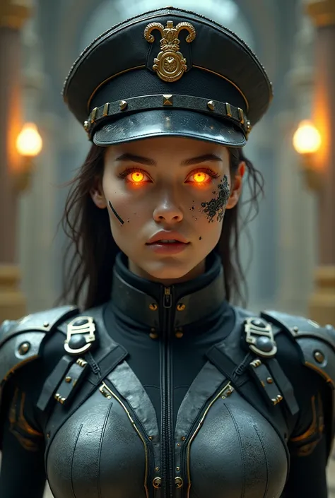 Military ceremonial heroine, glowing eyes, head to breast, silicone cybernetics. High Resolution, Masterpiece, Award Winning, Best Quality, High Details, High Quality, UHD, Optical Illusion, Impressionism, Art Deco, Cinematic, Cinematography, Futurism, Hyp...