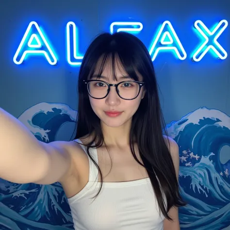 amateur shot, above her creative text big neon blue light read "ALFAX" . a pov of taking an instagram selfie a woman , againts a wave paterned wall , without make up, slight smile with slight open mouth, she has long black hair with bangs, wearing square g...