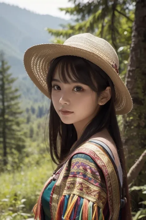  wearing hats , Forest in the background,  ethnic costumes