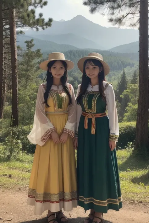  wearing hats , Forest in the background,  ethnic costumes