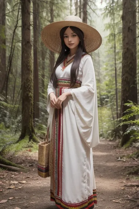  wearing hats , Forest in the background,  ethnic costumes