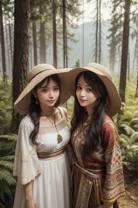  wearing hats , Forest in the background,  ethnic costumes