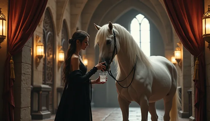 beautiful medieval sexy woman in black clothes, giving drink to her white horse in a castle stable