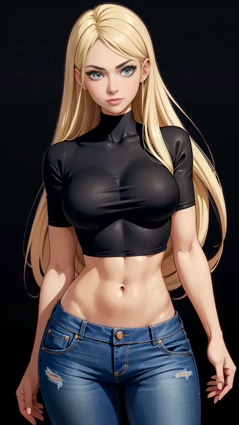 a close up of a woman in a black top and jeans, extremely detailed artgerm, style artgerm, ig model | artgerm, like artgerm, seductive anime girl, blonde anime girl with long hair, artgerm. anime illustration, artgerm style, artgerm. high detail, style of ...