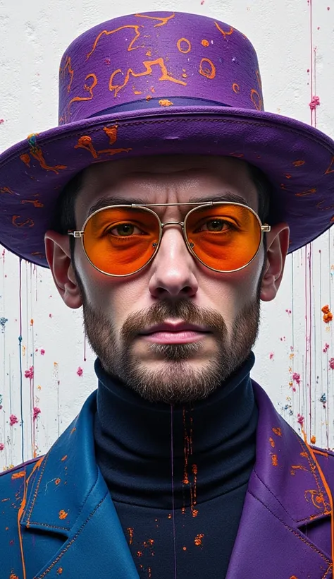 a portrait of a mysterious man wearing a purple hat with intricate abstract patterns, reflective orange sunglasses, skin with detailed geometric patterns and abstract circuitry, painted in expressive oil painting style, dynamic splashes of vibrant blue, or...