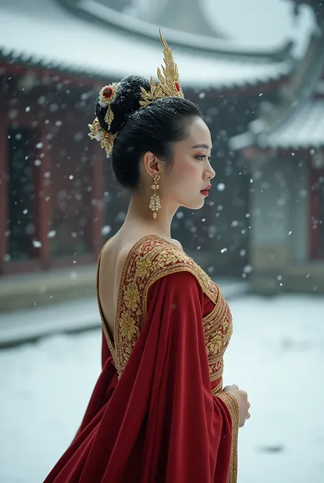 EmpressofAyodhaya, detail dress, cinematicmovietone, colortone, moviestyle. A majestic Thai empress standing in a serene snow-covered courtyard, her crimson and gold silk blouse glinting under soft winter light. Snowflakes gently fall, landing on her high ...