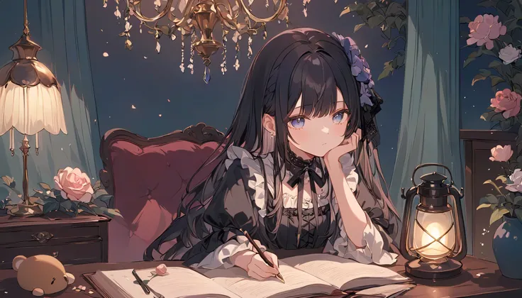 "A anime-style illustration of a Jirai-kei (地雷系) girl with long black hair, wearing gothic-style clothing in pastel and dark tones, sitting in a cozy room. She has a melancholic but cute expression, surrounded by plush toys and accessories like chokers and...