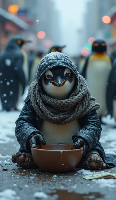  A penguin in tattered clothes is begging on the street， and the snow suddenly starts  ，Penguins cry out loud  ，  with tears in her eyes  ， Sit on your knees ， in a broken bowl ， Other penguins use money to help beg ， actual ， detailed， is the best quality