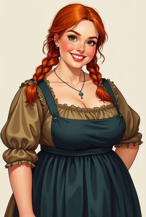 Drawn Portrait of a joyful chubby woman, ginger hair, two braids, green eyes, brown dress with dark blue apron, plus size, curvy, medieval era, cottage core, no make up, natural, plain, simple, ugly, fantasy Portrait art