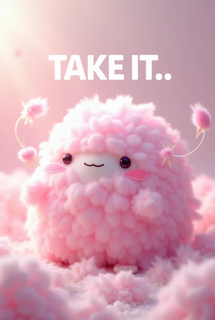 A PINK AND FLUFFY IMAGE WITH THE WORD “TAKE IT” IN CAPITAL LETTERS
