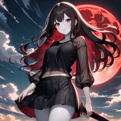 one girl, alone, ((medium long hair with black, no bangs)), white skin, sexy face, sky, black  shirts(a see-through shirt)(long-sleeved), black check short skirt, starry, cloud, 4k, red eyes, red moon, black hair, sexy top, (((short sword)))