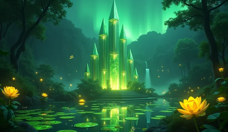 Fantasy crystal temple with peaked towers gathering light energy,  3 yellow roses ,  at night,  7 green water lilies fluorescent above the water ,  at night,  7 large candles of yellow light ,  in a forest ,  in the background a small green waterfall,  at ...