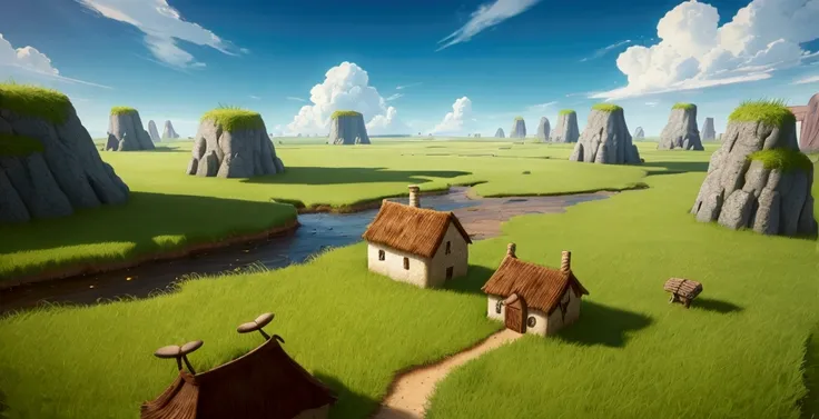 3D cartoon game scene background，front，grassland，Flatland，Distant village，desolate
