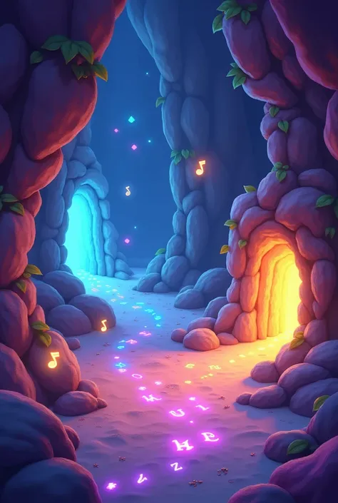 Create four magical caves for each level of Genie’s Letter Quest, with each cave progressively becoming more magical and detailed. The caves should be enchanting, glowing, and filled with whimsical elements, getting more vibrant and magical as the player a...