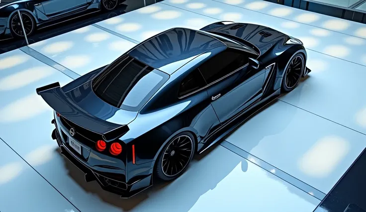 only back roof aerial view of painted ultra black with shiny colour  2025 Nissan GT-R Gains sleek in original model shape aerial with original aerial roof and original logo on its aerial view white reflection falling on car colour with captured from only a...