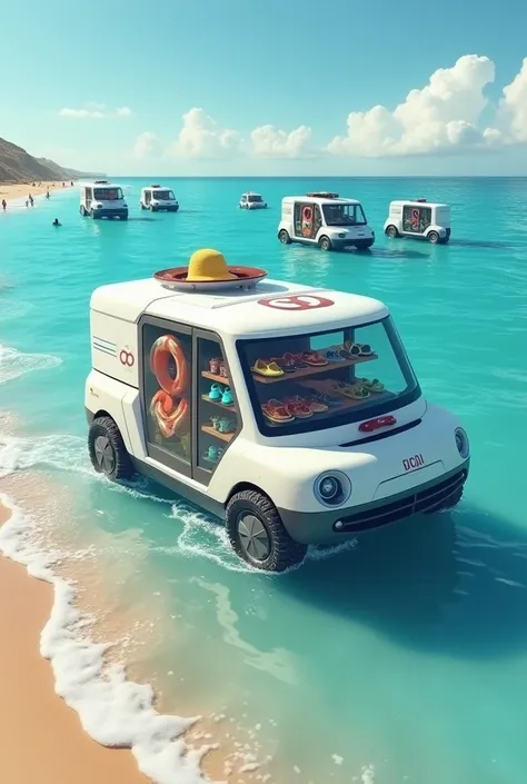 Vending machines can float on the ocean and can move on the beach call aquabot sell sunglasses flip flops swim ring