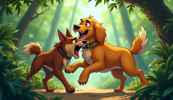 A raging ,attacking angrily cartoon medium golden retriever with a fluffy coat, wagging tail,( belt with a collar named GOLDIE )bites on one of wild dogs neck    in the jungle 

