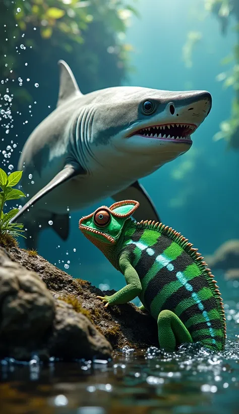  "An ultra-realistic depiction of a shark and a chameleon interacting in a surreal setting. The shark, with its sleek, muscular body and sharp teeth, is partially out of the water, as if leaping or hovering. The chameleon, vibrant and colorful, sits nearby...