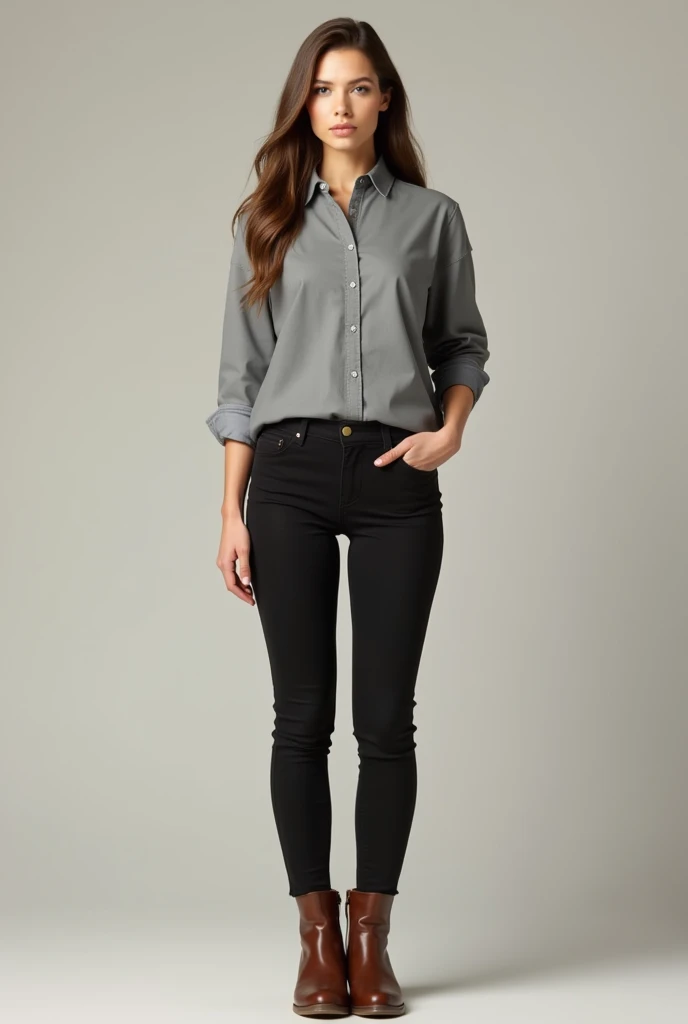 A woman in a gray shirt, black pants, long brown hair,Show the womans full body, she wears brown womens high boots.