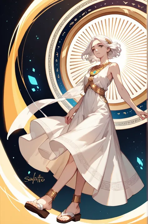 A 15-year-old girl with straight, silky white hair that falls neatly to her waist. She is wearing an elegant white Greek tunic with golden details, designed with delicate pleats that drape softly over her figure. Her outfit is complemented by matching Gree...