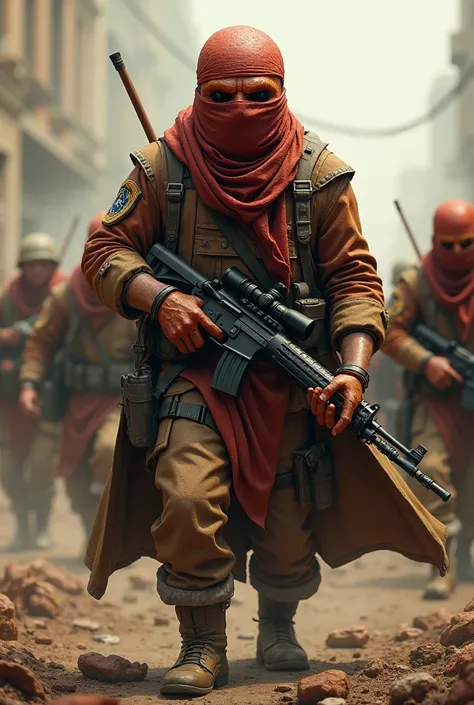 A kebab food figure as a warleader holding a gun and in a war outfit wit bandana.