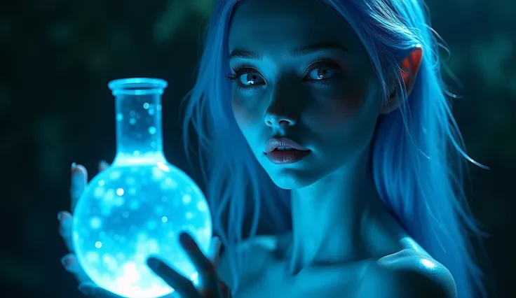 a beautiful blue alien girl, 1girl, alien, blue skin, long blue hair, detailed facial features, beautiful detailed eyes, beautiful detailed lips, extremely detailed face, serene expression, holding glass beaker, glowing liquid, mystical, fantasy, surreal, ...