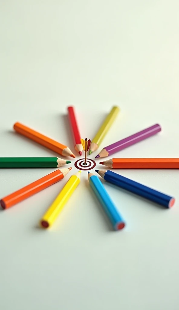 "A realistic image of seven small colorful pencils arranged in a circular shape, with vibrant colors like red, orange, yellow, green, blue, indigo, and violet. At the center of the circle, a traditional archery arrow with a sharp tip is placed, hitting a s...