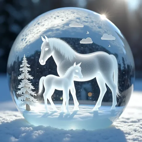 A mesmerizing scene of ice sculptures on a glass ball, featuring a mare and her foal. The intricate details of their shapes are captured perfectly, with the mare standing protective behind her foal. The tree, two clouds and two birds in the background enha...