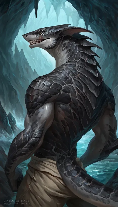 sharkfolk, anthro shark, solo, portrait, scaly, detailed skin, experienced predator, bio armor, body covered in armor, monster, grin, gray body, black arms and back, matte body, toned, muscular anthro, big muscles, scars on body, 1male solo, anthro, muscul...