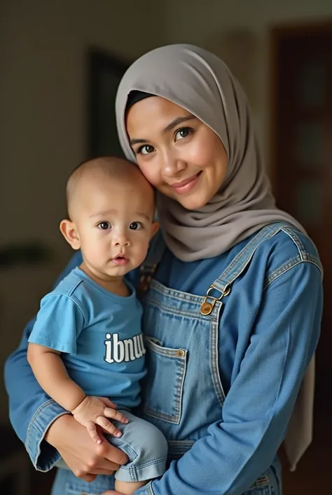 Photo of mother and  mother wearing blue overalls with the writing mom nuy, wearing hijab and the  wearing a blue t-shirt with the writing ibnu bald head