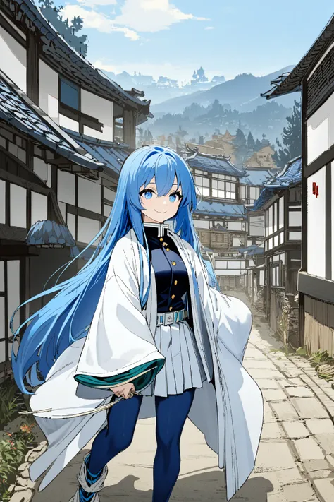 1girl, solo, blue hair, very long hair, blue eyes, demon slayer uniform, blue stockings, smile, open legs,  white haori, short skirt, village, walking on the way, eating a bun 