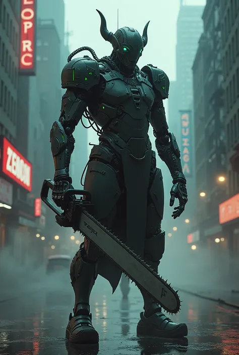 Dark_fantasy,cyberpunk,(chain saw,chain saw man,red:1.1),1man,Mechanical Marvel,Robotic presence,  Cybernetic Guardian  ,