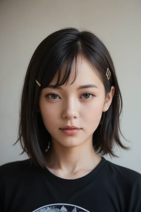 Close-Up, Looking at viewer, 1girl, japanese, Medium Hair, Black Hair, Hair Clip, wearing black t-shirt, Cinematic, (Photorealistic:1.2), Portrait Photography, (High Resolution:.1.3), Best Quality, ((Anatomically Correct:1.4)), ((High Details:1.3)), ((face...