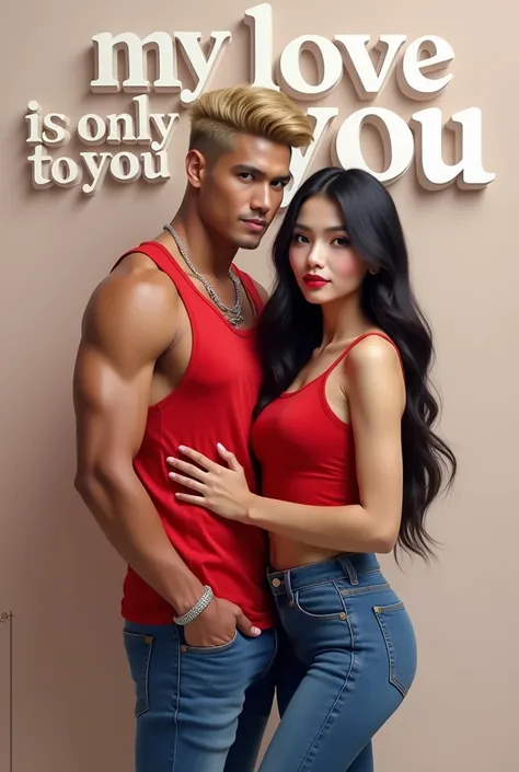 

A pair of Indonesian men and women smiling towards the camera standing adjacent in a romantic pose ,  wears a casual outfit in shades of red and blue .  The man is muscular in stature ,  has dark hair with blonde highlights ,  wears a red tank top with b...